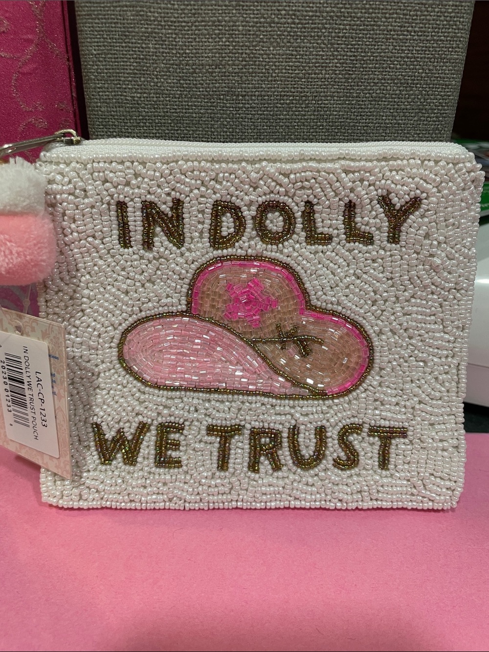 In Dolly We Trust Beaded Pouch - Dolly Parton White with Pink Accents - Handmade